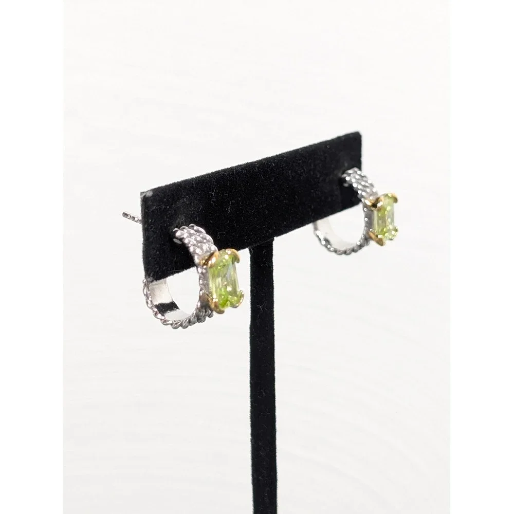 Silver‎ Tone Cable Huggie Hoop Earrings Green CZ Accent Pierced Designer Style